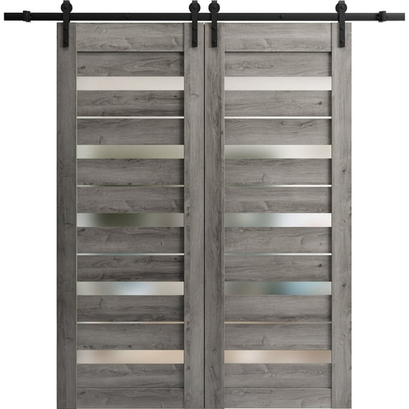 Sturdy Double Barn Door 84 x 96 inches | Quadro 4445 Nebraska Grey with Frosted Glass | 14FT Rail Hangers Heavy Set | Solid Panel Interior Doors