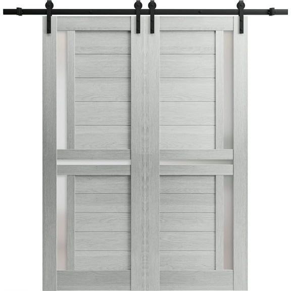 Sturdy Double Barn Door 84 x 96 inches with | Veregio 7288 Light Grey Oak with Frosted Glass | 14FT Rail Hangers Heavy Set | Solid Panel Interior Doors