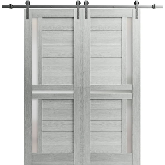 Sturdy Double Barn Door 84 x 96 inches with | Veregio 7288 Light Grey Oak with Frosted Glass | Stainless Steel 14FT Rail Hangers Heavy Set | Solid Panel Interior Doors