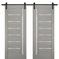thumbnail image 1 of Sturdy Double Barn Door 84 x 96 inches with Frosted Glass | Quadro 4088 Grey Ash | Top Mount 14FT Rail Hangers Heavy Set | Solid Panel Interior Doors, 1 of 6