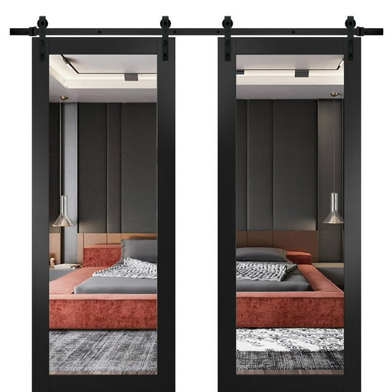Sturdy Double Barn Door 84 x 96 inches with | Lucia 1299 Matte Black with Mirror | 14FT Rail Hangers Heavy Set | Solid Panel Interior Doors