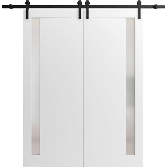 Sturdy Double Barn Door 84 x 96 inches with | Planum 0660 Painted White with Frosted Glass | 14FT Rail Hangers Heavy Set | Solid Panel Interior Doors