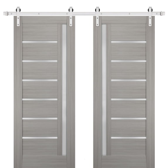 Sturdy Double Barn Door 84 x 84 inches with Frosted Glass | Quadro 4088 Grey Ash | Stainless Steel 14FT Rail Hangers Heavy Set | Solid Panel Interior Doors
