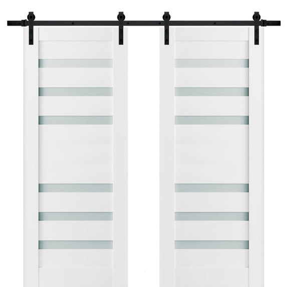 Sturdy Double Barn Door 84 x 84 inches with Frosted Glass | Quadro 4266 White Silk | Top Mount 14FT Rail Hangers Heavy Set | Solid Panel Interior Doors