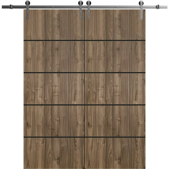 Sturdy Double Barn Door 84 x 84 inches with | Planum 0015 Walnut with Frosted Glass | Stainless Steel 14FT Rail Hangers Heavy Set | Solid Panel Interior Doors