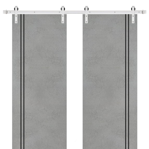 Sturdy Double Barn Door 84 x 84 inches with | Planum 0016 Concrete with Frosted Glass | Stainless Steel 14FT Rail Hangers Heavy Set | Solid Panel Interior Doors