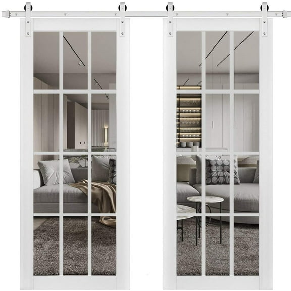 Sturdy Double Barn Door with Clear Glass 12 lites | Felicia 3355 Matte White | 13FT Rail Hangers Heavy Set | Solid Panel Interior Doors-36" x 96" (2* 18x96)-Silver Rail