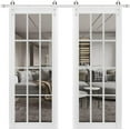 thumbnail image 1 of Sturdy Double Barn Door with Clear Glass 12 lites | Felicia 3355 Matte White | 13FT Rail Hangers Heavy Set | Solid Panel Interior Doors-64" x 80" (2* 32x80)-Silver Rail, 1 of 6