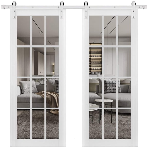 Sturdy Double Barn Door with Clear Glass 12 lites | Felicia 3355 Matte White | 13FT Rail Hangers Heavy Set | Solid Panel Interior Doors-64" x 84" (2* 32x84)-Silver Rail