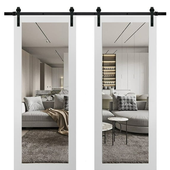 Sturdy Double Barn Door with Clear Glass | Lucia 2166 White Silk | 13FT Rail Hangers Heavy Set | Solid Panel Interior Doors-60" x 80" (2* 30x80)-Black Rail-Clear Glass