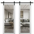thumbnail image 1 of Sturdy Double Barn Door with Clear Glass | Lucia 2166 White Silk | 13FT Rail Hangers Heavy Set | Solid Panel Interior Doors-84" x 96" (2* 42x96)-Black Rail-Clear Glass, 1 of 6