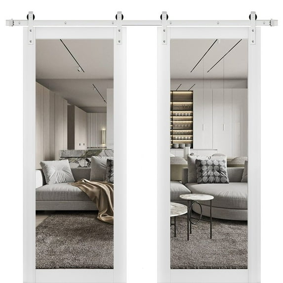 Sturdy Double Barn Door with Clear Glass | Lucia 2166 White Silk | Stainless Steel 13FT Rail Hangers Heavy Set | Solid Panel Interior Doors-48" x 80" (2* 24x80)-Silver Rail-Clear Glass