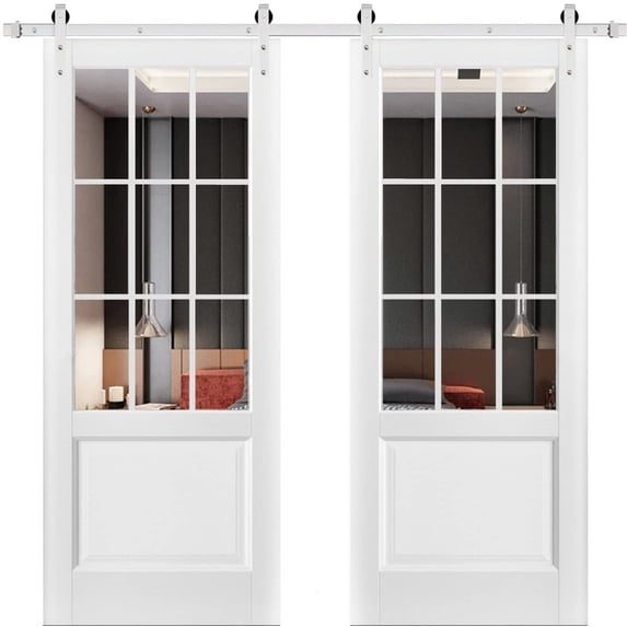 Sturdy Double Barn Door with | Felicia 3599 White Silk with Clear Glass | 13FT Rail Hangers Heavy Set | Solid Panel Interior Doors-48" x 84" (2* 24x84)-Clear Glass-Silver Rail