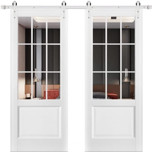 Sturdy Double Barn Door with | Felicia 3599 White Silk with Clear Glass | 13FT Rail Hangers Heavy Set | Solid Panel Interior Doors-60" x 84" (2* 30x84)-Clear Glass-Silver Rail