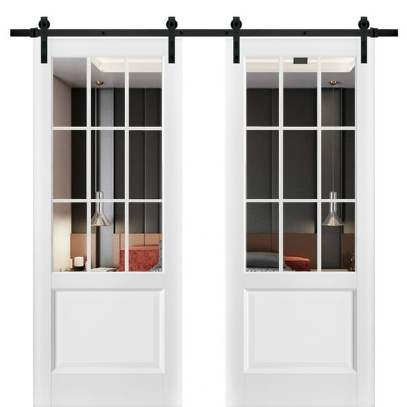 Sturdy Double Barn Door with | Felicia 3599 White Silk with Clear Glass | 13FT Rail Hangers Heavy Set | Solid Panel Interior Doors-84" x 80" (2* 42x80)-Clear Glass-Black Rail