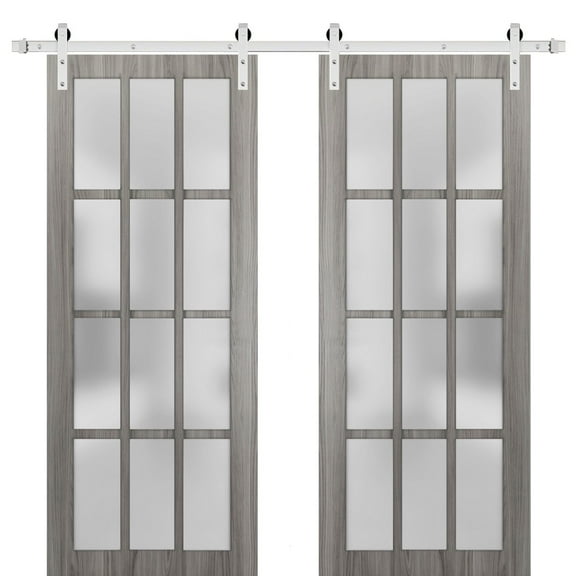 Sturdy Double Barn Door with Frosted Glass 12 Lites | Felicia 3312 Ginger Ash Grey | 13FT Rail Hangers Heavy Set | Solid Panel Interior Doors -36" x 84" (2* 18x84)-Silver Rail