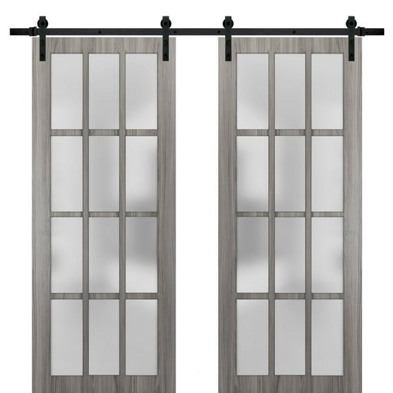 Sturdy Double Barn Door with Frosted Glass 12 Lites | Felicia 3312 Ginger Ash Grey | 13FT Rail Hangers Heavy Set | Solid Panel Interior Doors -72 x 84