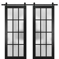 Sturdy Double Barn Door with Frosted Glass 12 Lites | Felicia 3312 Matte Black | 13FT Rail Hangers Heavy Set | Solid Panel Interior Doors-36" x 84" (2* 18x84)-Black Rail
