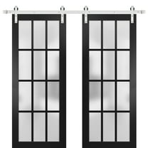 Sturdy Double Barn Door with Frosted Glass 12 Lites | Felicia 3312 Matte Black | 13FT Rail Hangers Heavy Set | Solid Panel Interior Doors-36" x 84" (2* 18x84)-Silver Rail