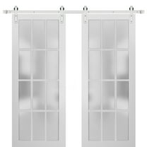 Sturdy Double Barn Door with Frosted Glass 12 Lites | Felicia 3312 Matte White | 13FT Rail Hangers Heavy Set | Solid Panel Interior Doors-36" x 84" (2* 18x84)-Silver Rail