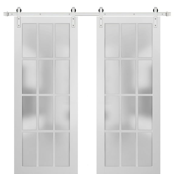 Sturdy Double Barn Door with Frosted Glass 12 Lites | Felicia 3312 Matte White | 13FT Rail Hangers Heavy Set | Solid Panel Interior Doors-36" x 84" (2* 18x84)-Silver Rail