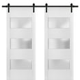 thumbnail image 1 of Sturdy Double Barn Door with Frosted Glass 3 Lites | Lucia 4070 White Silk | 13FT Rail Hangers Heavy Set | Solid Panel Interior Doors-36" x 84"-Black Rail, 1 of 6
