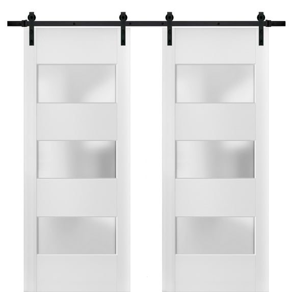 Sturdy Double Barn Door with Frosted Glass 3 Lites | Lucia 4070 White Silk | 13FT Rail Hangers Heavy Set | Solid Panel Interior Doors-36" x 84"-Black Rail