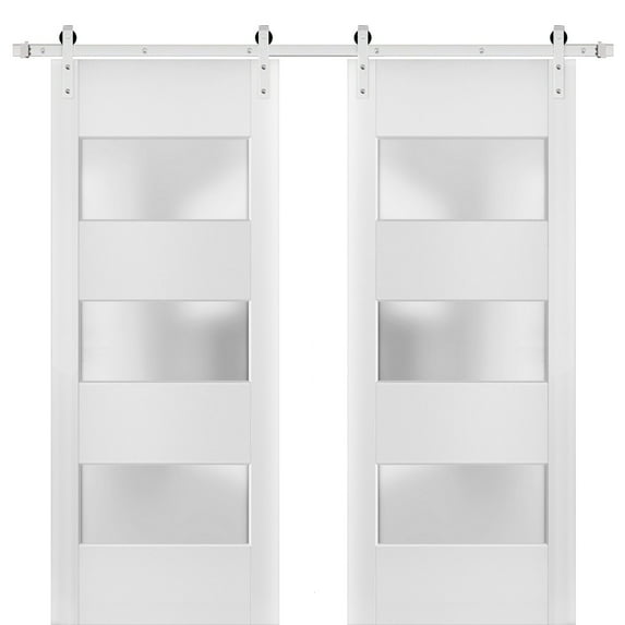 Sturdy Double Barn Door with Frosted Glass 3 Lites | Lucia 4070 White Silk | 13FT Rail Hangers Heavy Set | Solid Panel Interior Doors-56" x 84" (2* 28x84)-Silver Rail