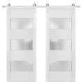 thumbnail image 1 of Sturdy Double Barn Door with Frosted Glass 3 Lites | Lucia 4070 White Silk | 13FT Rail Hangers Heavy Set | Solid Panel Interior Doors-56" x 96" (2* 28x96)-Silver Rail, 1 of 5