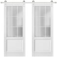 thumbnail image 1 of Sturdy Double Barn Door with Frosted Glass 9 Lites | Felicia 3309 Matte White | 13FT Rail Hangers Heavy Set | Solid Panel Interior Doors-72" x 84" (2* 36x84)-Frosted Glass-Silver Rail, 1 of 6