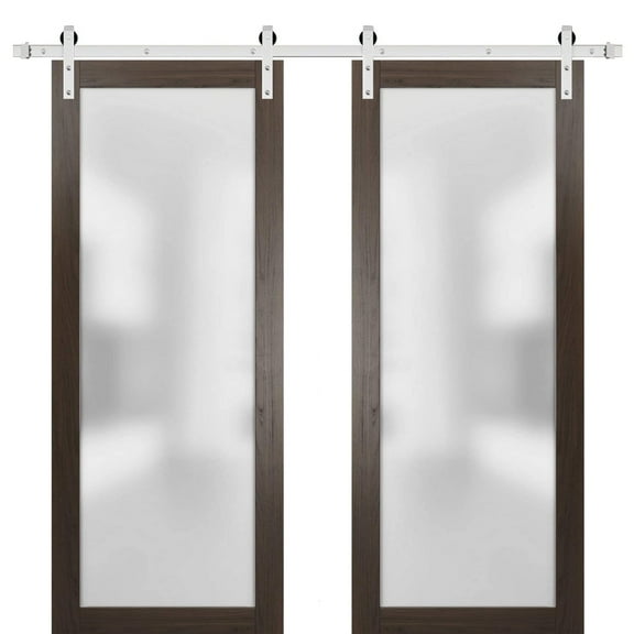 Sturdy Double Barn Door with Frosted Glass | Planum 2102 Chocolate Ash | 13FT Rail Hangers Heavy Set | Modern Solid Panel Interior Doors-84" x 84" (2* 42x84)-Black Rail