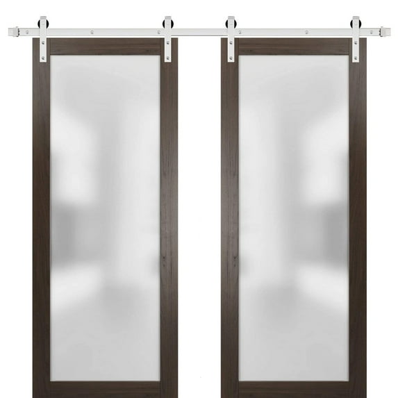 Sturdy Double Barn Door with Frosted Glass | Planum 2102 Chocolate Ash | 13FT Silver Rail Hangers Heavy Set | Modern Solid Panel Interior Doors-56" x 96" (2* 28x96)-Silver Rail