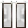 thumbnail image 1 of Sturdy Double Barn Door with Frosted Glass | Planum 2102 Chocolate Ash | 13FT Silver Rail Hangers Heavy Set | Modern Solid Panel Interior Doors-72" x 80" (2* 36x80)-Silver Rail, 1 of 6