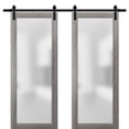 thumbnail image 1 of Sturdy Double Barn Door with Frosted Glass | Planum 2102 Ginger Ash | 13FT Rail Hangers Heavy Set | Modern Solid Panel Interior Doors-36" x 96" (2* 18x96)-Black Rail, 1 of 6