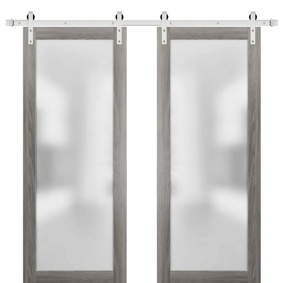 Sturdy Double Barn Door with Frosted Glass | Planum 2102 Ginger Ash | 13FT Silver Rail Hangers Heavy Set | Modern Solid Panel Interior Doors-36" x 96" (2* 18x96)-Silver Rail