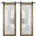 thumbnail image 1 of Sturdy Double Barn Door with Frosted Glass | Planum 2102 Honey Ash | 13FT Rail Hangers Heavy Set | Modern Solid Panel Interior Doors -84" x 80" (2* 42x80)-Black Rail, 1 of 6