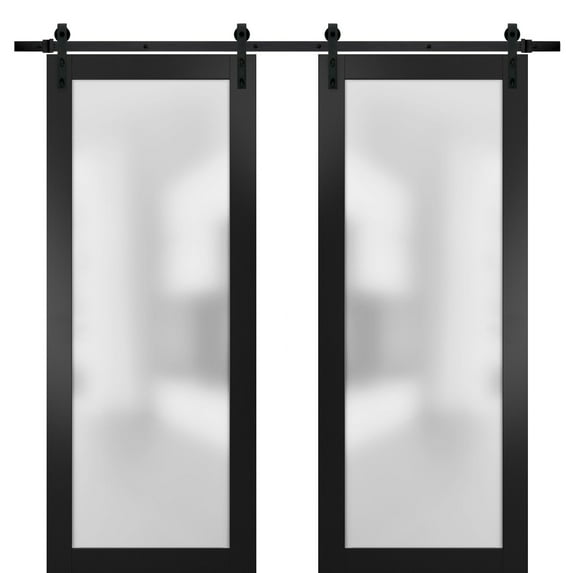 Sturdy Double Barn Door with Frosted Glass | Planum 2102 Matte Black | 13FT Rail Hangers Heavy Set | Modern Solid Panel Interior Doors -36" x 96" (2* 18x96)-Black Rail