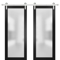 Sturdy Double Barn Door with Frosted Glass | Planum 2102 Matte Black | 13FT Silver Rail Hangers Heavy Set | Modern Solid Panel Interior Doors -36" x 96" (2* 18x96)-Silver Rail