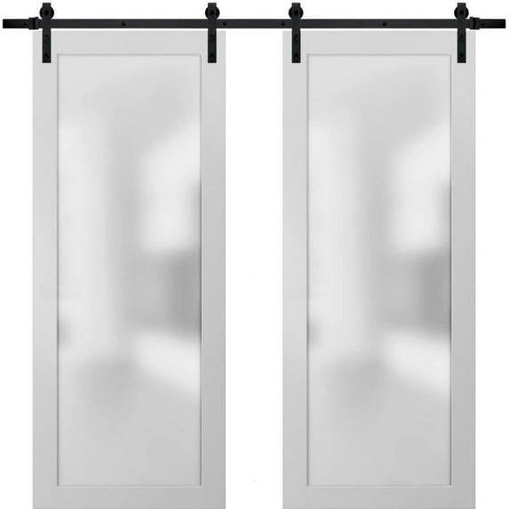 Sturdy Double Barn Door with Frosted Glass | Planum 2102 White Silk | 13FT Black Rail Hangers Heavy Set | Solid Panel Interior Doors-84" x 96" (2* 42x96)-Black Rail-Frosted Glass