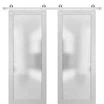 Sturdy Double Barn Door with Frosted Glass | Planum 2102 White Silk | 13FT Silver Rail Hangers Heavy Set | Solid Panel Interior Doors-36" x 96"-Silver Rail-Frosted Glass