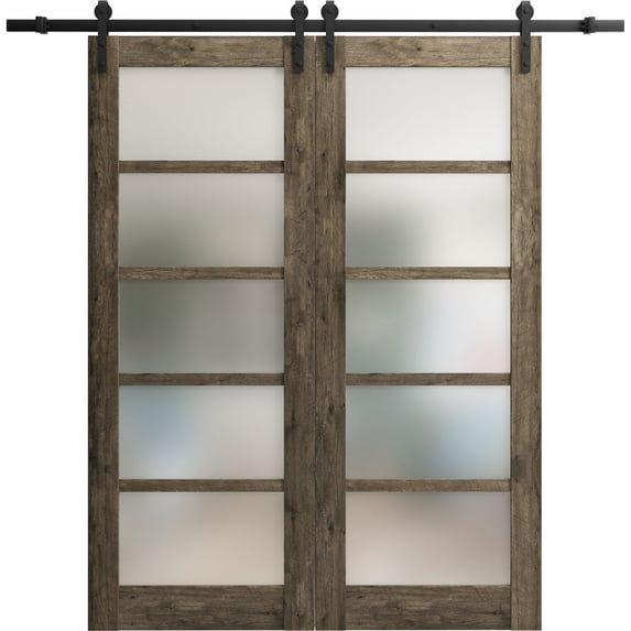 Sturdy Double Barn Door with Frosted Glass | Quadro 4002 Cognac Oak | 13FT Rail Hangers Heavy Set | Solid Panel Interior Doors-84" x 84" (2* 42x84)-Black Rail