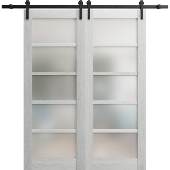 Sturdy Double Barn Door with Frosted Glass | Quadro 4002 Light Grey Oak | 13FT Rail Hangers Heavy Set | Solid Panel Interior Doors-84" x 84" (2* 42x84)-Black Rail
