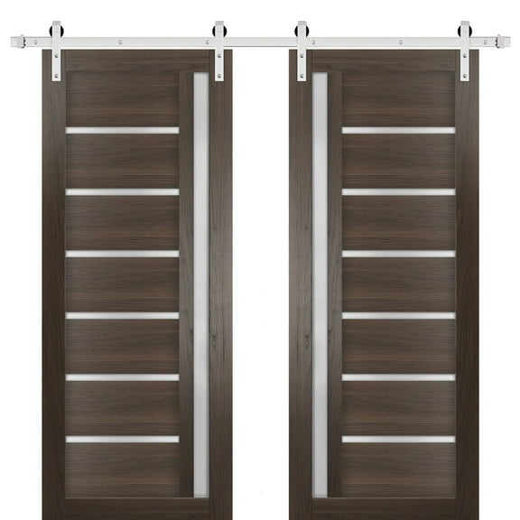Sturdy Double Barn Door with Frosted Glass | Quadro 4088 Chocolate Ash | 13FT Rail Hangers Heavy Set | Solid Panel Interior Doors-36" x 96" (2* 18x96)-Silver Rail