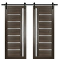 thumbnail image 1 of Sturdy Double Barn Door with Frosted Glass | Quadro 4088 Chocolate Ash | 13FT Rail Hangers Heavy Set | Solid Panel Interior Doors-48" x 84" (2* 24x84)-Black Rail, 1 of 6