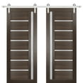 thumbnail image 1 of Sturdy Double Barn Door with Frosted Glass | Quadro 4088 Chocolate Ash | 13FT Rail Hangers Heavy Set | Solid Panel Interior Doors-84" x 80" (2* 42x80)-Silver Rail, 1 of 6
