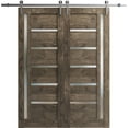 thumbnail image 1 of Sturdy Double Barn Door with Frosted Glass | Quadro 4088 Cognac Oak | 13FT Rail Hangers Heavy Set | Solid Panel Interior Doors-48" x 96" (2* 24x96)-Silver Rail, 1 of 5