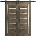 thumbnail image 1 of Sturdy Double Barn Door with Frosted Glass | Quadro 4088 Cognac Oak | 13FT Rail Hangers Heavy Set | Solid Panel Interior Doors-84" x 80" (2* 42x80)-Black Rail, 1 of 6