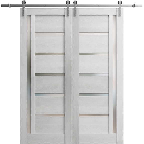 Sturdy Double Barn Door with Frosted Glass | Quadro 4088 Light Grey Oak | 13FT Rail Hangers Heavy Set | Solid Panel Interior Doors-84" x 84" (2* 42x84)-Silver Rail