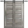 thumbnail image 1 of Sturdy Double Barn Door with Frosted Glass | Quadro 4088 Nebraska Grey | 13FT Rail Hangers Heavy Set | Solid Panel Interior Doors-60" x 80" (2* 30x80)-Black Rail, 1 of 6