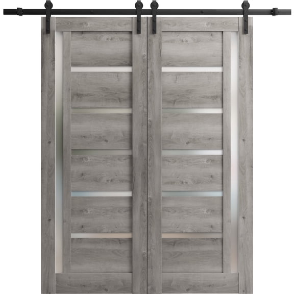 Sturdy Double Barn Door with Frosted Glass | Quadro 4088 Nebraska Grey | 13FT Rail Hangers Heavy Set | Solid Panel Interior Doors-60" x 80" (2* 30x80)-Black Rail